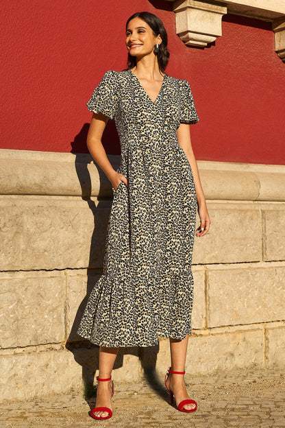 Yumi Brown Leopard Print Pleated Button Through Midi Dress