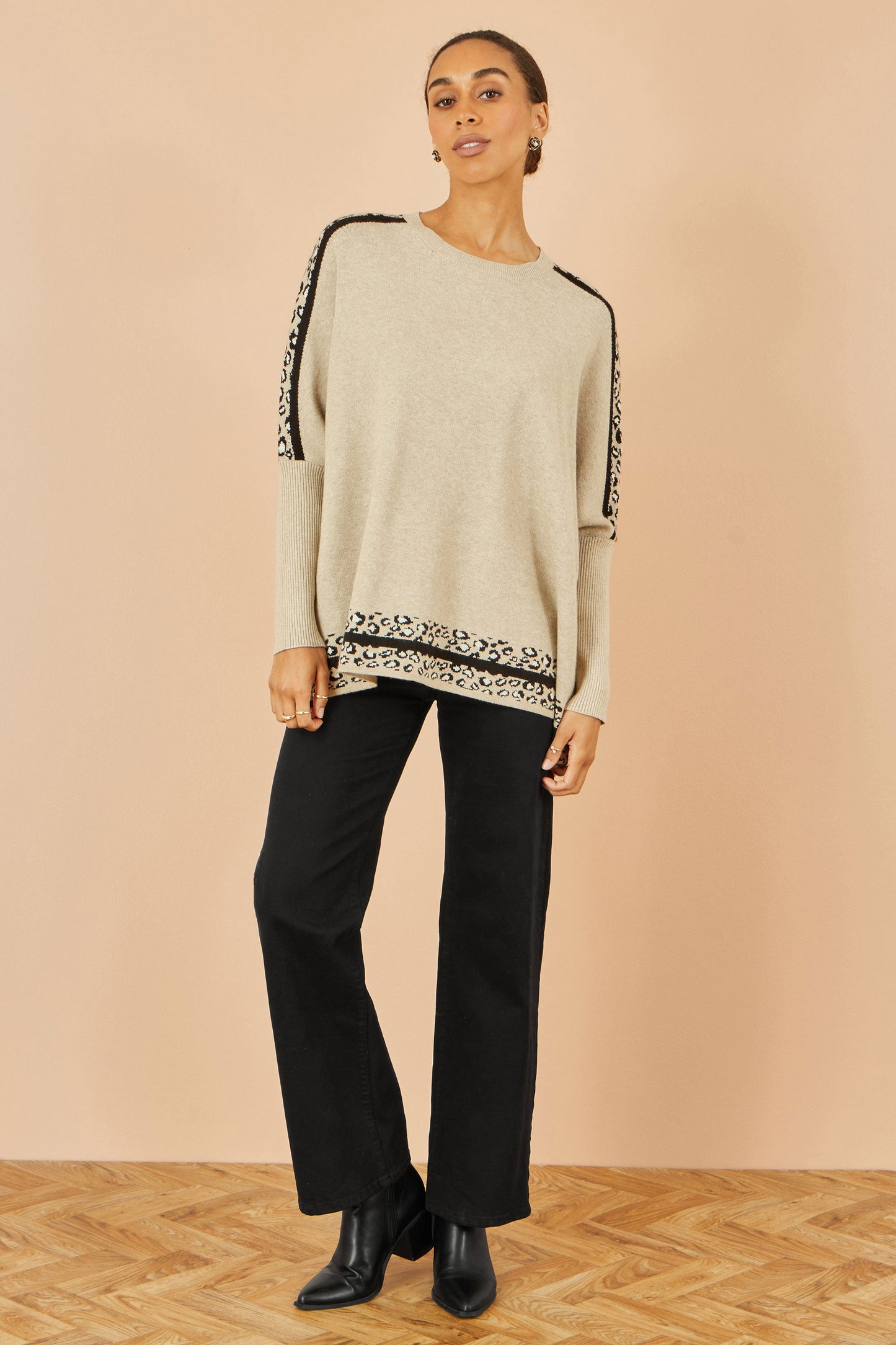 Yumi Oatmeal Leopard Print Border Relaxed Fit Jumper