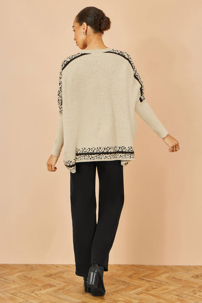 Yumi Oatmeal Leopard Print Border Relaxed Fit Jumper