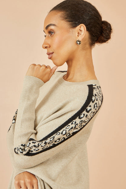 Yumi Oatmeal Leopard Print Border Relaxed Fit Jumper