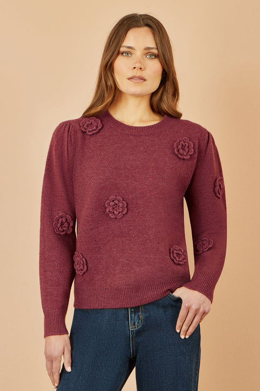 Yumi Burgundy Knitted Jumper With Crochet Flowers