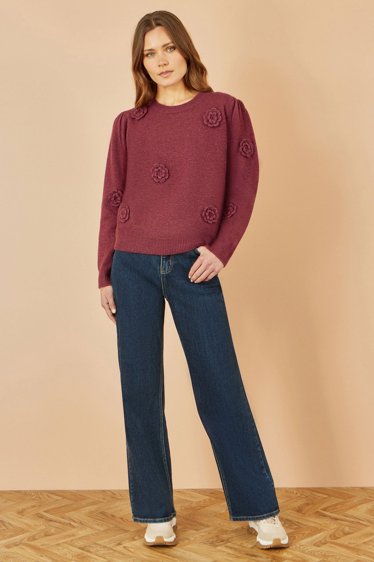 Yumi Burgundy Knitted Jumper With Crochet Flowers