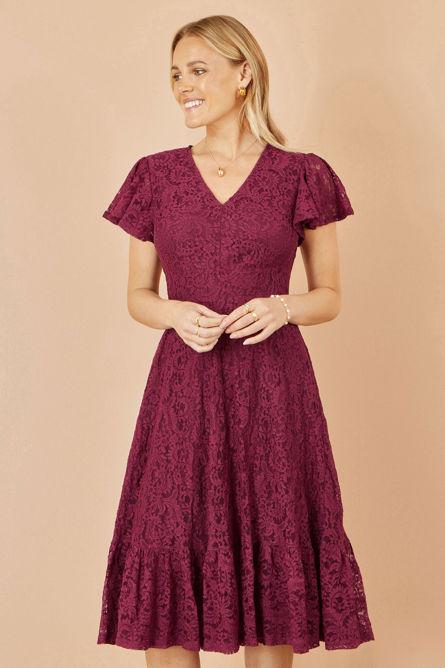Yumi Burgundy Stretch Lace Puff Sleeve Midi Dress