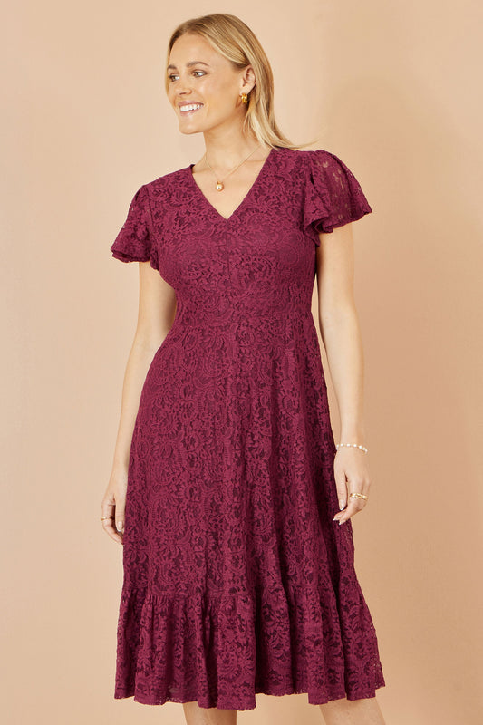 Yumi Burgundy Stretch Lace Puff Sleeve Midi Dress