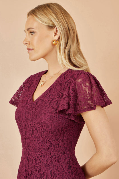 Yumi Burgundy Stretch Lace Puff Sleeve Midi Dress