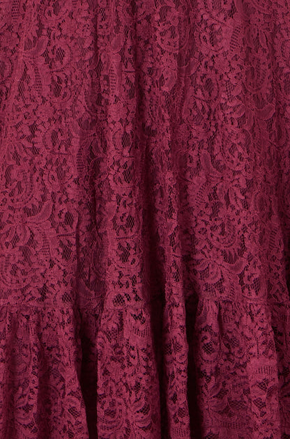 Yumi Burgundy Stretch Lace Puff Sleeve Midi Dress