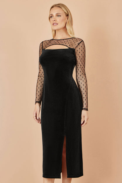 Yumi Black Velvet Midi Dress With Slash Neckline and Sheer Sleeves