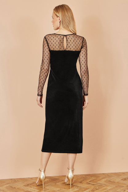 Yumi Black Velvet Midi Dress With Slash Neckline and Sheer Sleeves