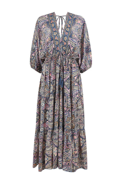 Yumi Multicolour Paisley Print Midi Kimono Dress With Tie Back