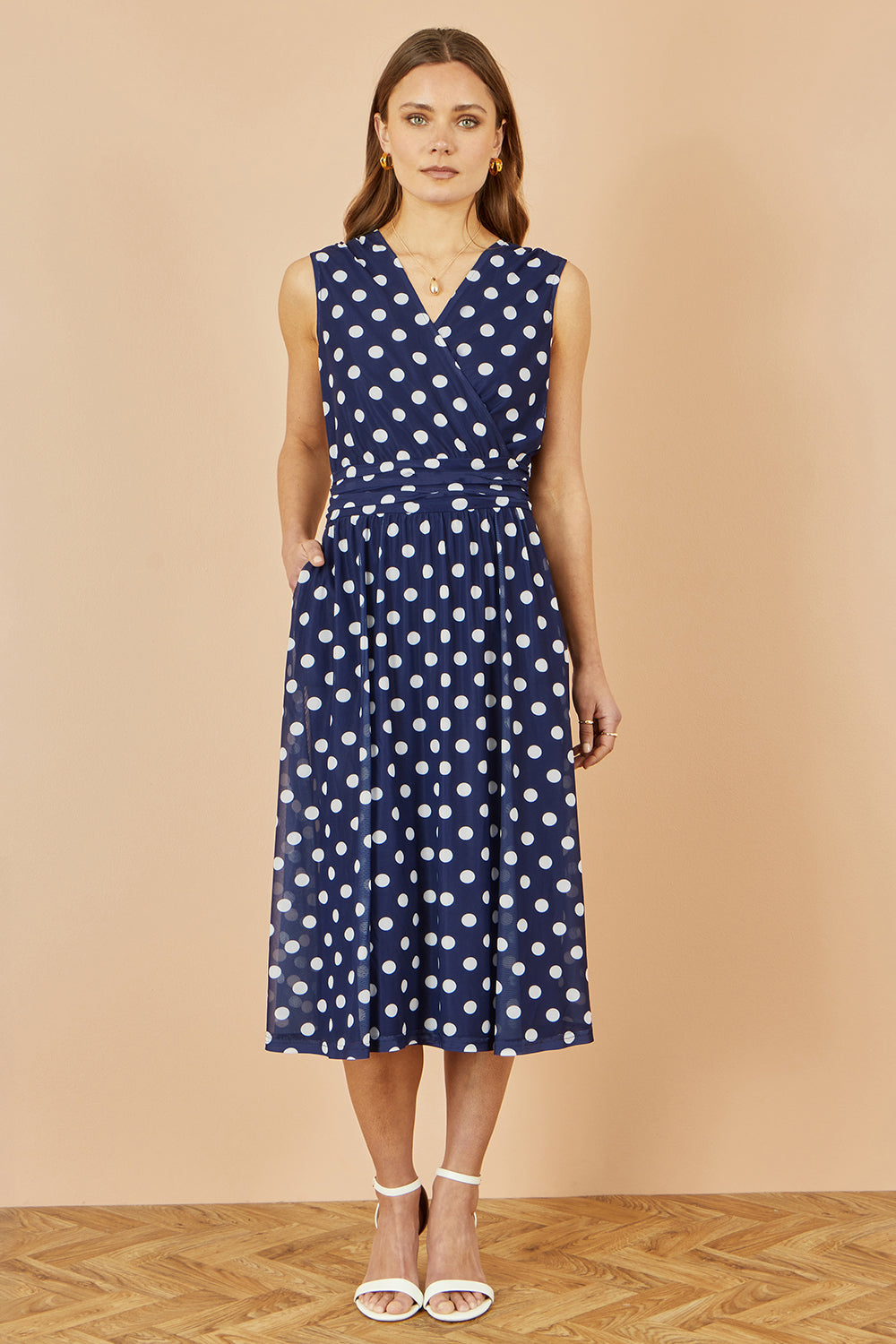 Yumi Navy Polka Dot Mesh Wrap Skater Dress With Pockets