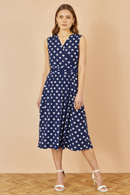 Yumi Navy Polka Dot Mesh Wrap Skater Dress With Pockets