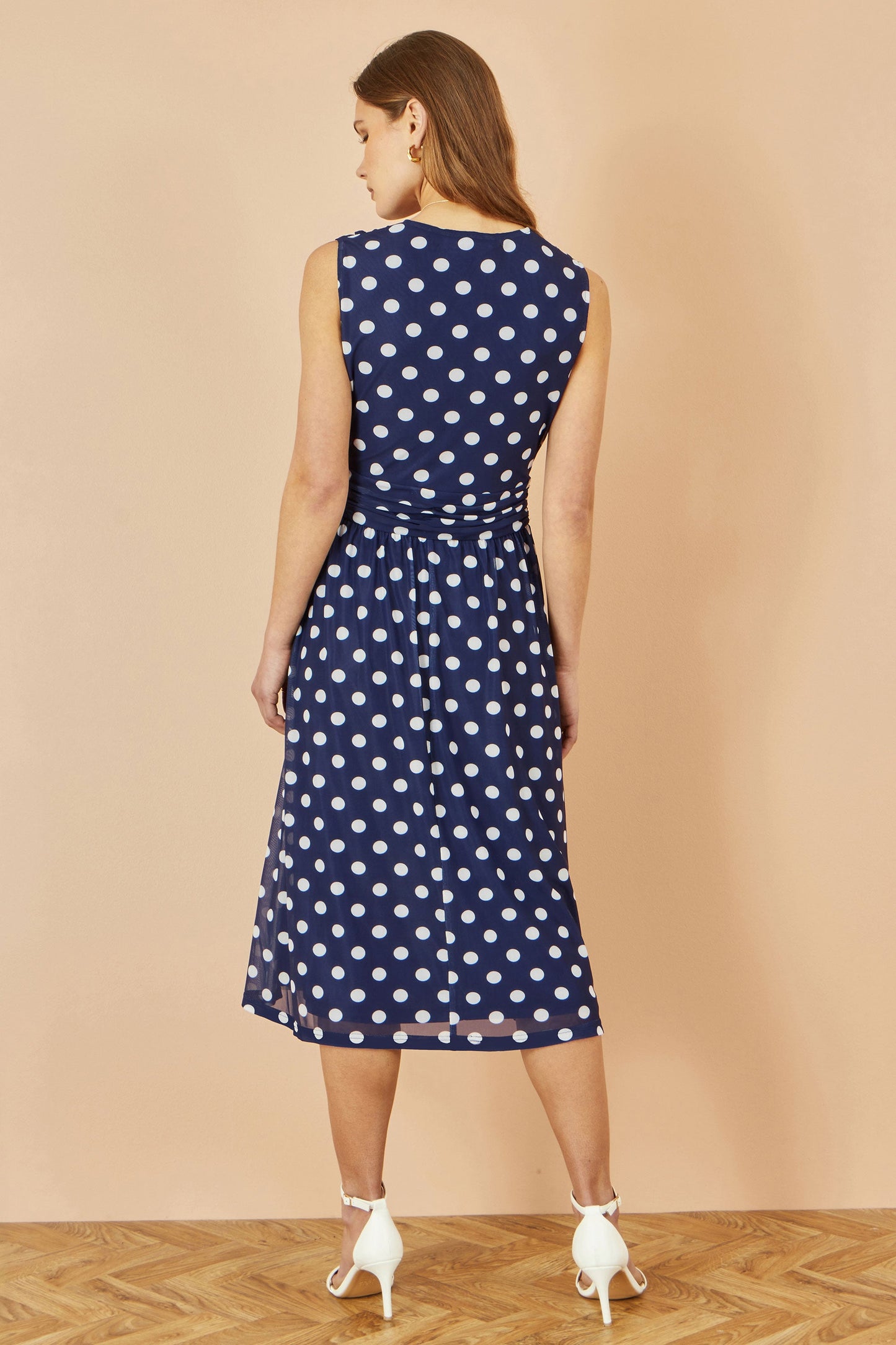 Yumi Navy Polka Dot Mesh Wrap Skater Dress With Pockets