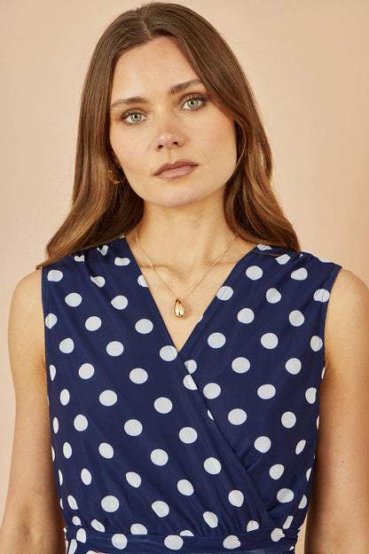 Yumi Navy Polka Dot Mesh Wrap Skater Dress With Pockets