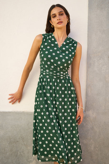 Yumi Green Polka Dot Mesh Wrap Skater Dress With Pockets