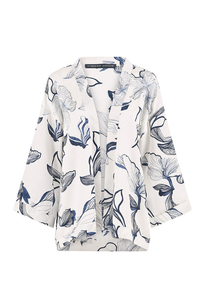 Yumi White Abstract Floral Print Kimono