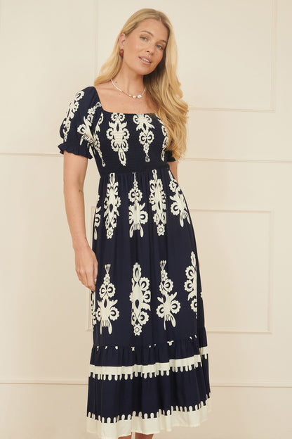 Yumi Navy Block Print Viscose Ruched Midi Dress