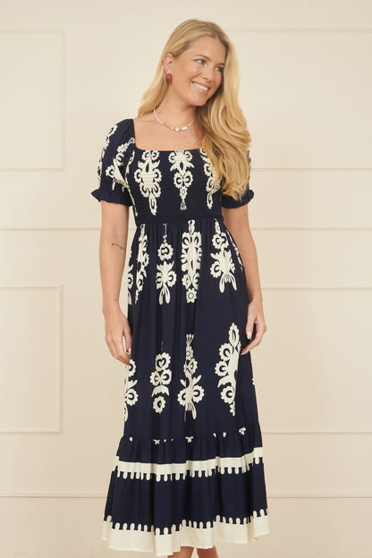 Yumi Navy Block Print Viscose Ruched Midi Dress