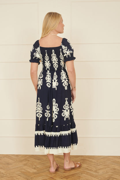 Yumi Navy Block Print Viscose Ruched Midi Dress