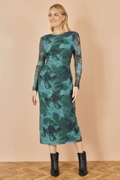 Yumi Green Floral Mesh Bodycon Dress With Tie Back