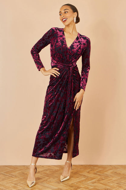 Yumi Burgundy Velour Stretch Midi Dress With Long Sleeves