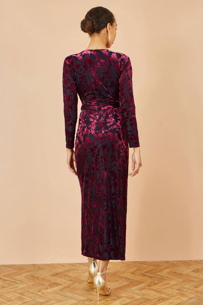 Yumi Burgundy Velour Stretch Midi Dress With Long Sleeves