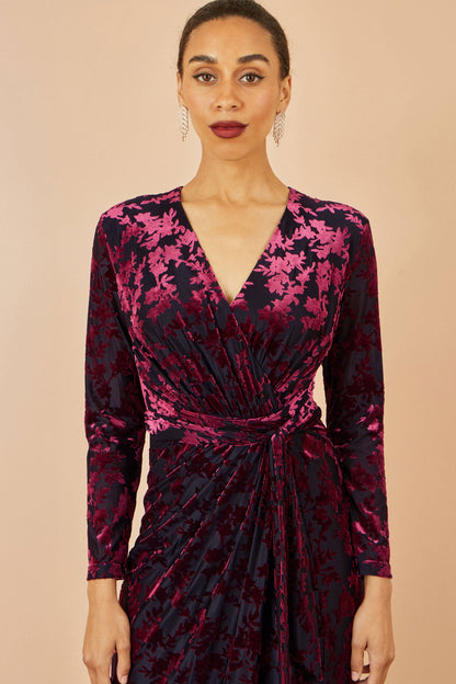 Yumi Burgundy Velour Stretch Midi Dress With Long Sleeves