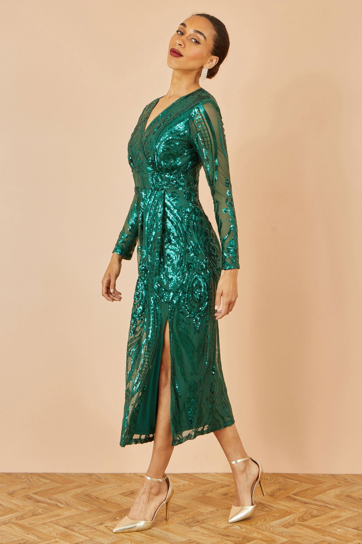 Yumi Green Sequin Midi Wrap Dress With Split Hemline And Long Sleeves