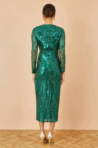 Yumi Green Sequin Midi Wrap Dress With Split Hemline And Long Sleeves
