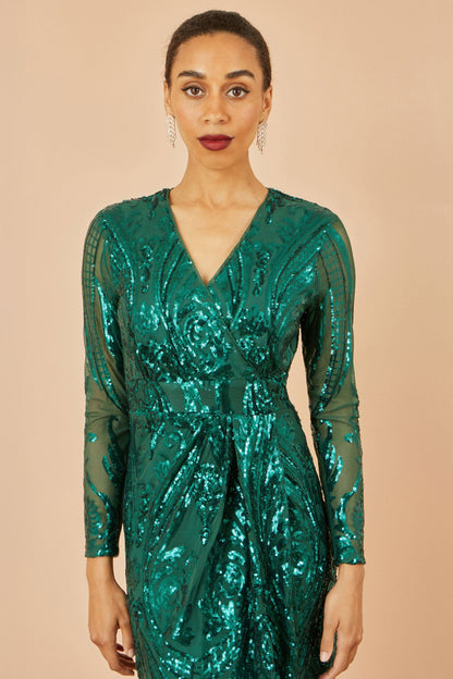 Yumi Green Sequin Midi Wrap Dress With Split Hemline And Long Sleeves