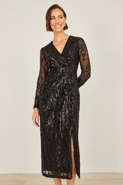 Yumi Black Sequin Midi Wrap Dress With Split Hemline And Long Sleeves