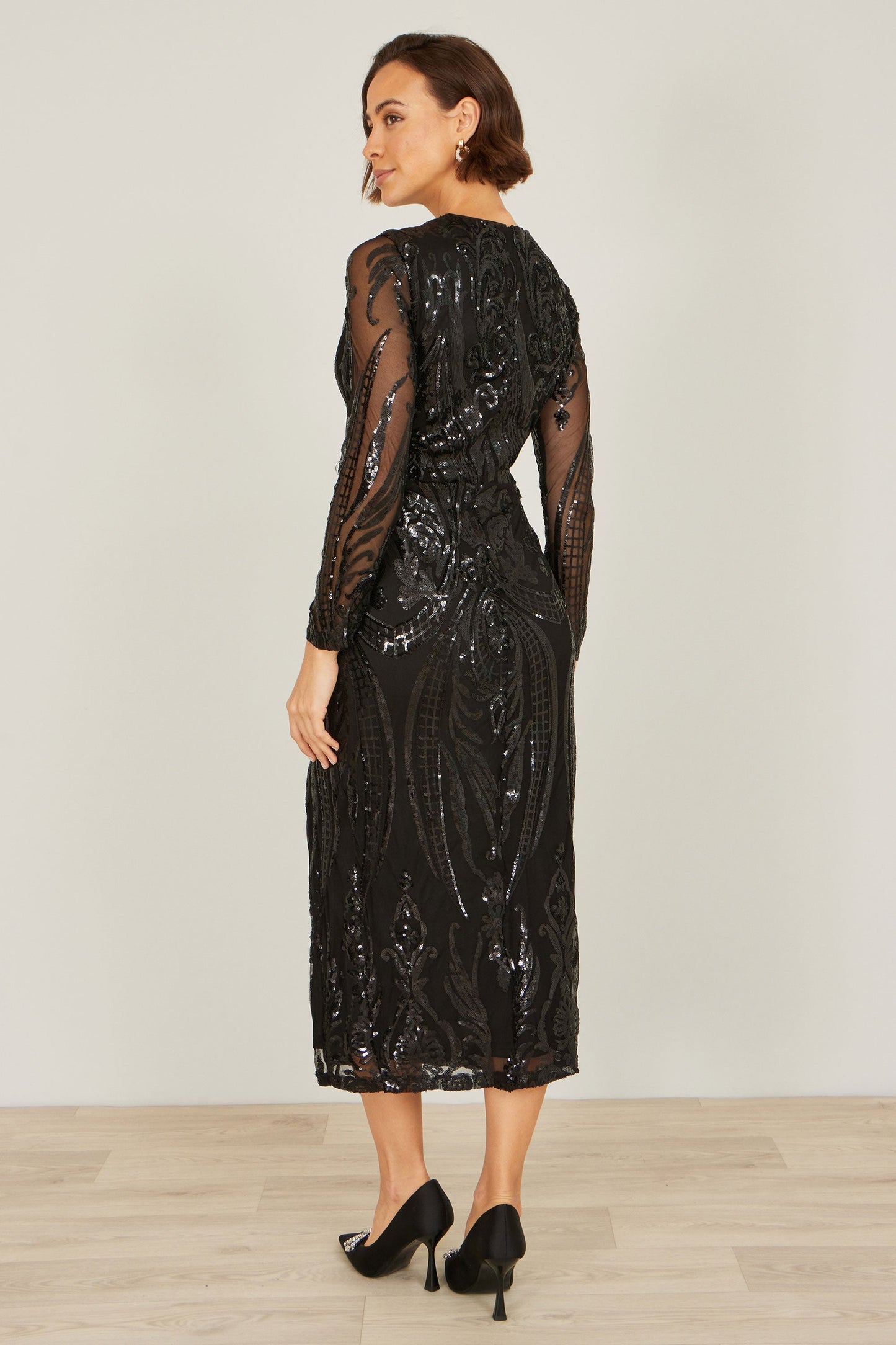 Yumi Black Sequin Midi Wrap Dress With Split Hemline And Long Sleeves