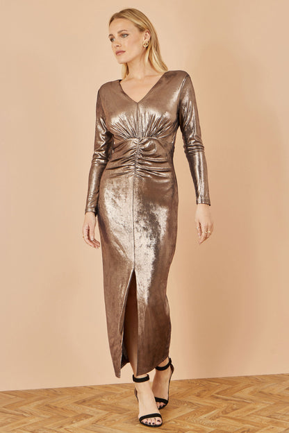 Yumi Gold Metallic Stretch Ruched Maxi Dress With Long Sleeves And Split Hemline