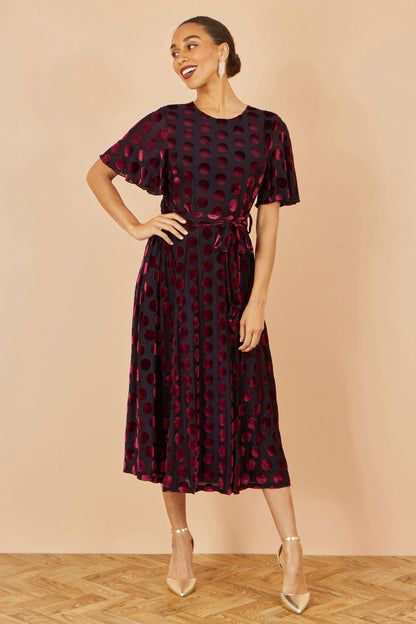 Yumi Burgundy Velour Spot Midi Skater Dress