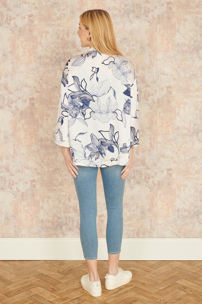 Yumi White Abstract Floral Print Kimono