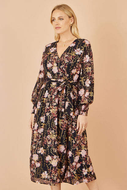 Yumi Black Foiled Floral Print Wrap Midi Dress