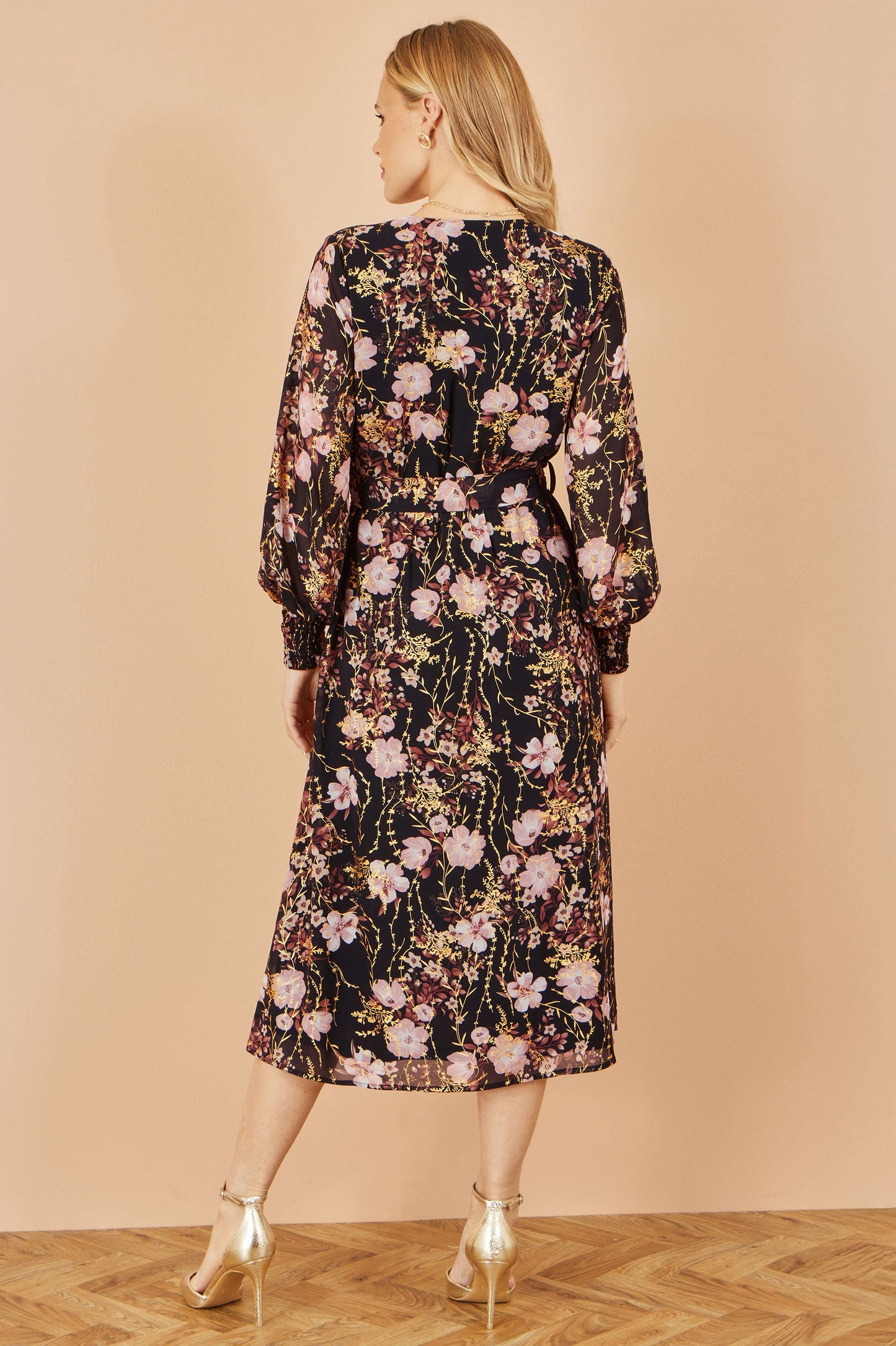 Yumi Black Foiled Floral Print Wrap Midi Dress