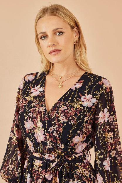 Yumi Black Foiled Floral Print Wrap Midi Dress