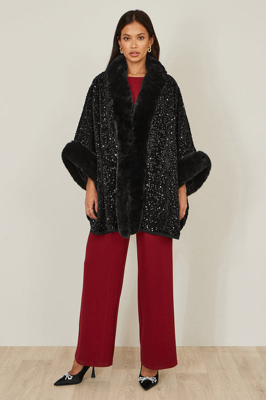 Yumi Black Sequin Cape with Faux Fur Trim and Lining