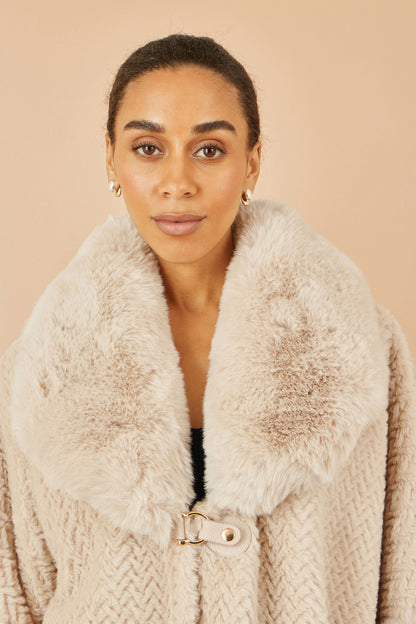 Yumi Beige Textured Fur Lined Cape