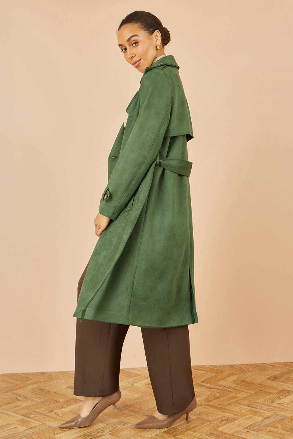 Yumi Green Faux Suede Trench Coat
