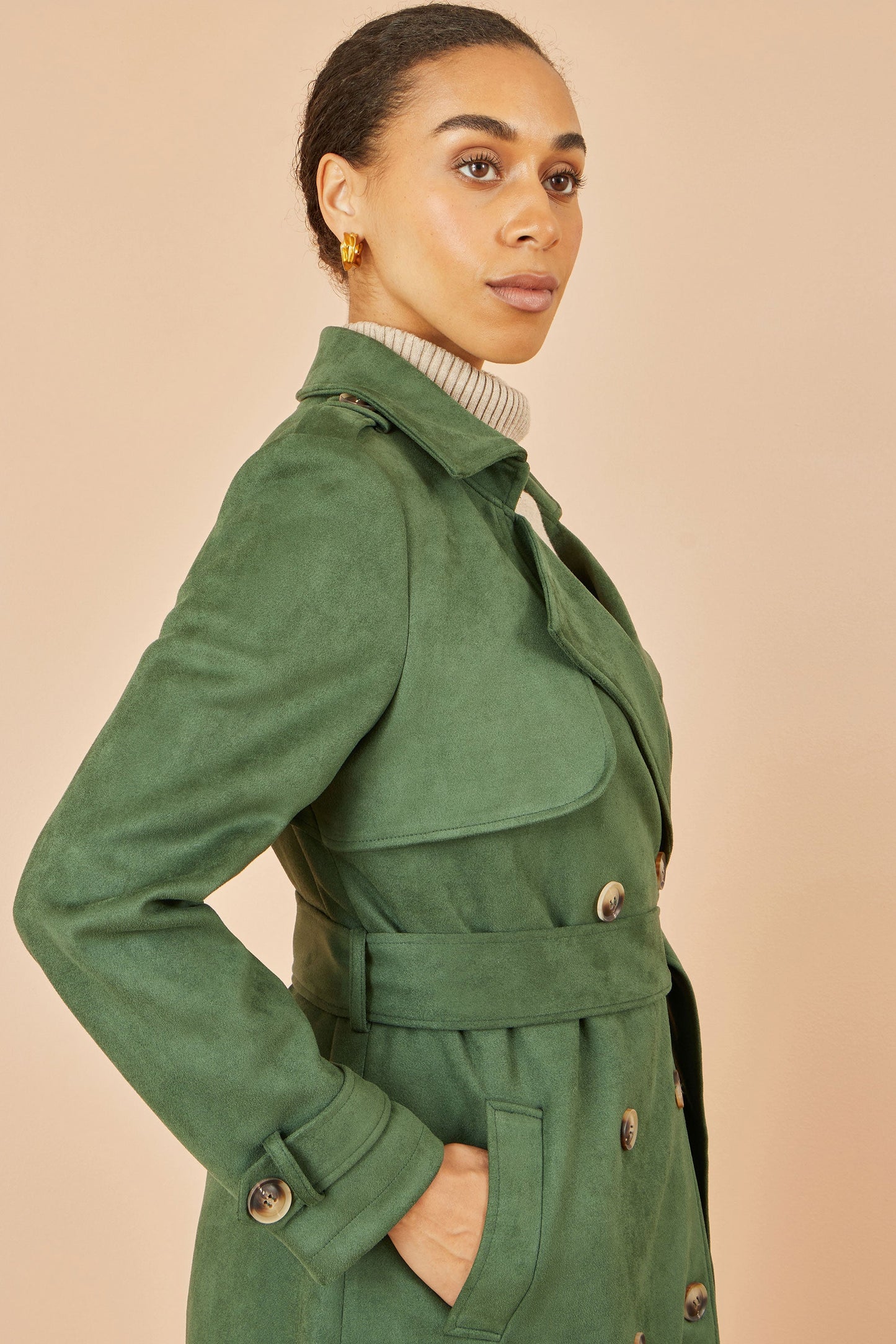 Yumi Green Faux Suede Trench Coat