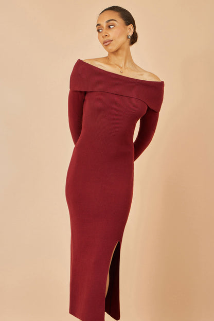 Yumi Burgundy Bardot Knitted Fitted Midi Dress