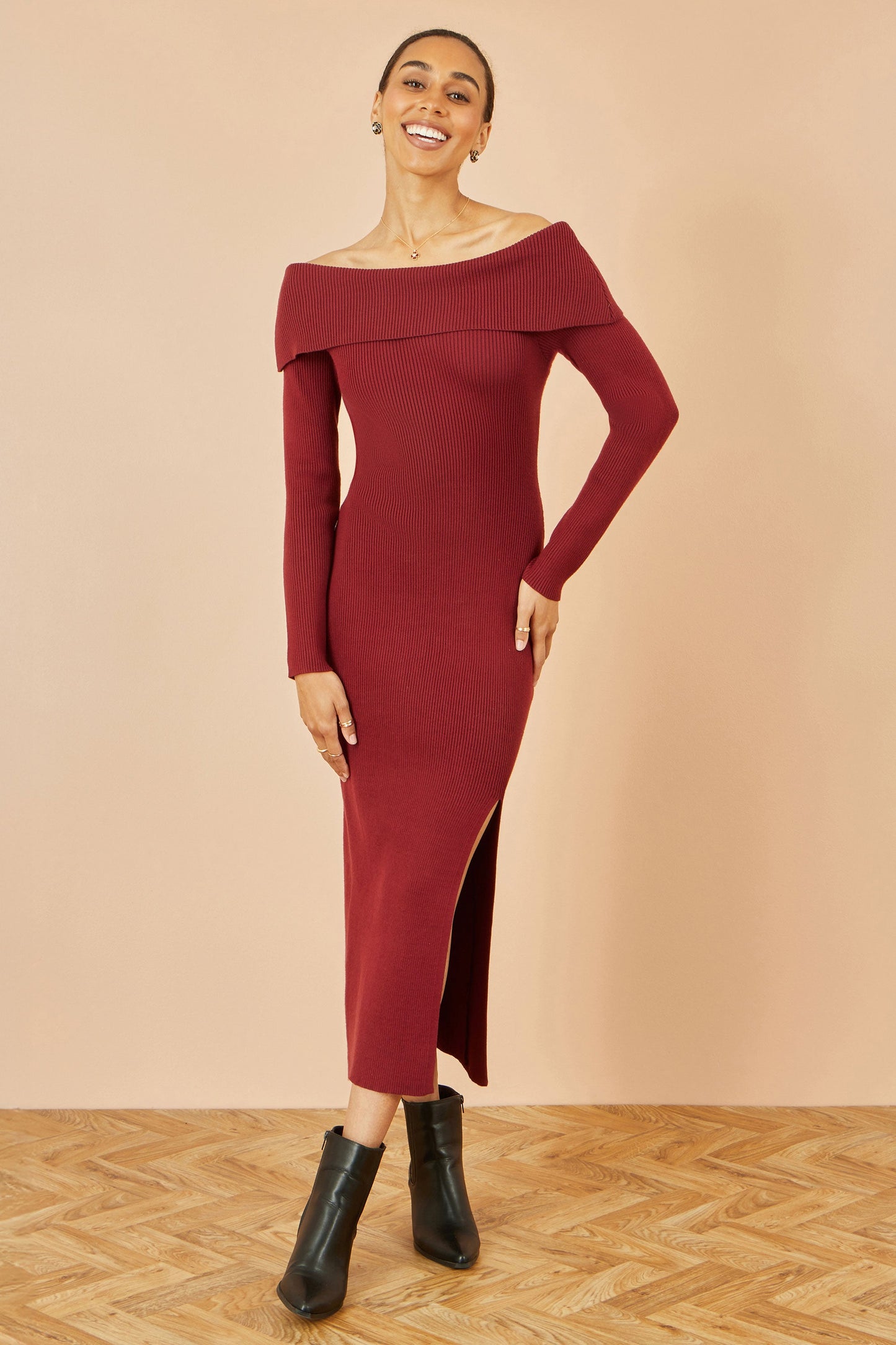 Yumi Burgundy Bardot Knitted Fitted Midi Dress