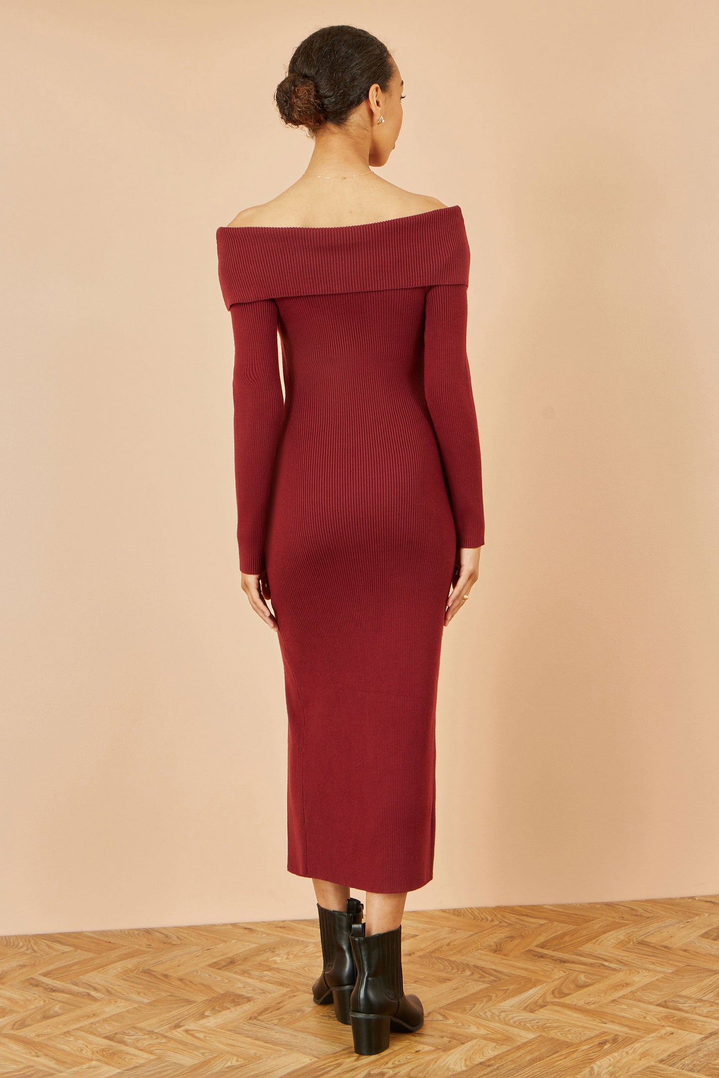 Yumi Burgundy Bardot Knitted Fitted Midi Dress