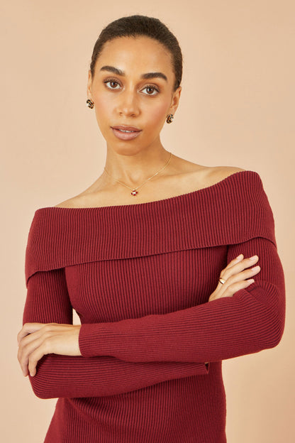 Yumi Burgundy Bardot Knitted Fitted Midi Dress