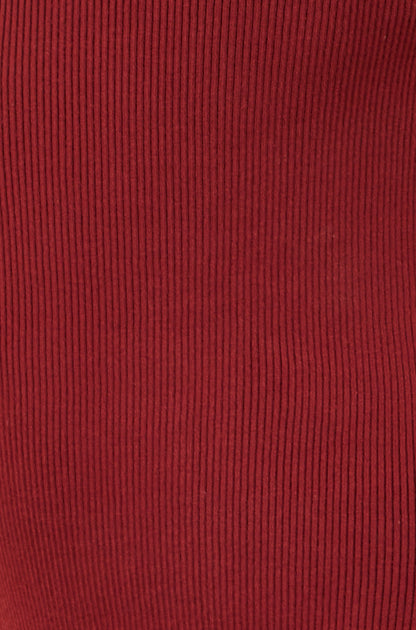 Yumi Burgundy Bardot Knitted Fitted Midi Dress