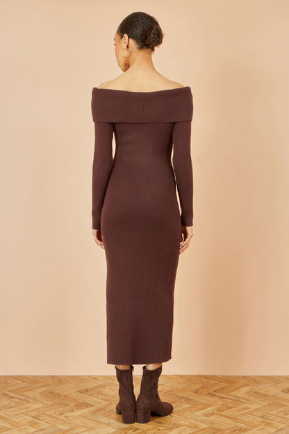 Yumi Brown Bardot Knitted Fitted Midi Dress