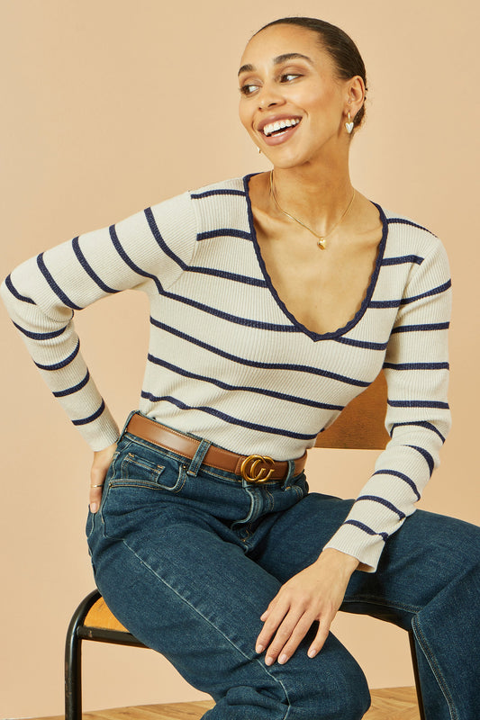 Yumi White Metallic Stripe Knitted Ribbed Top