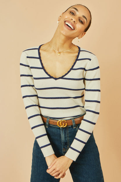 Yumi White Metallic Stripe Knitted Ribbed Top