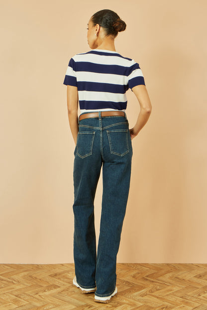 Yumi Navy Block Stripe Knitted Top With Button Details